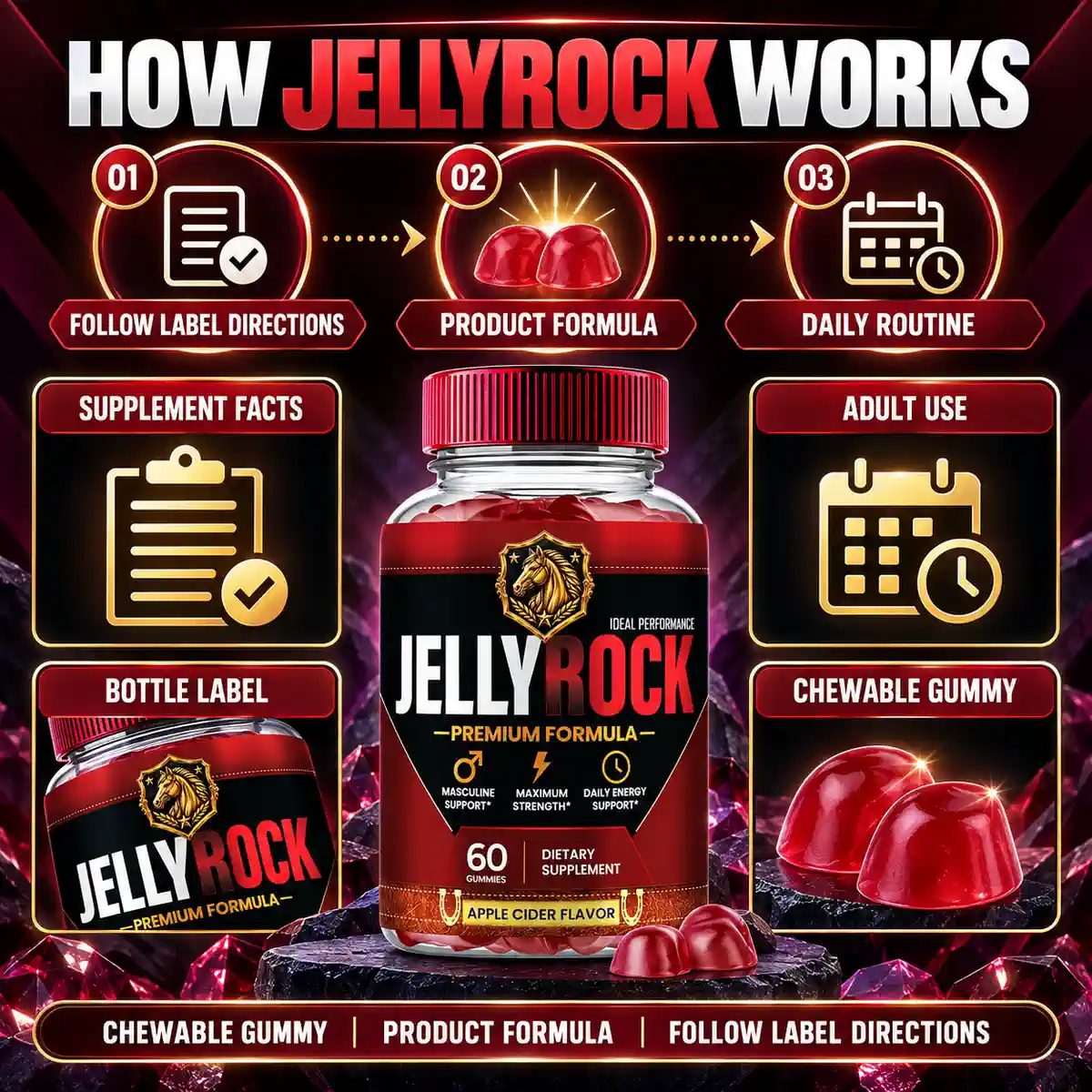 How JellyRock works listing image: follow label directions, product formula, daily routine
