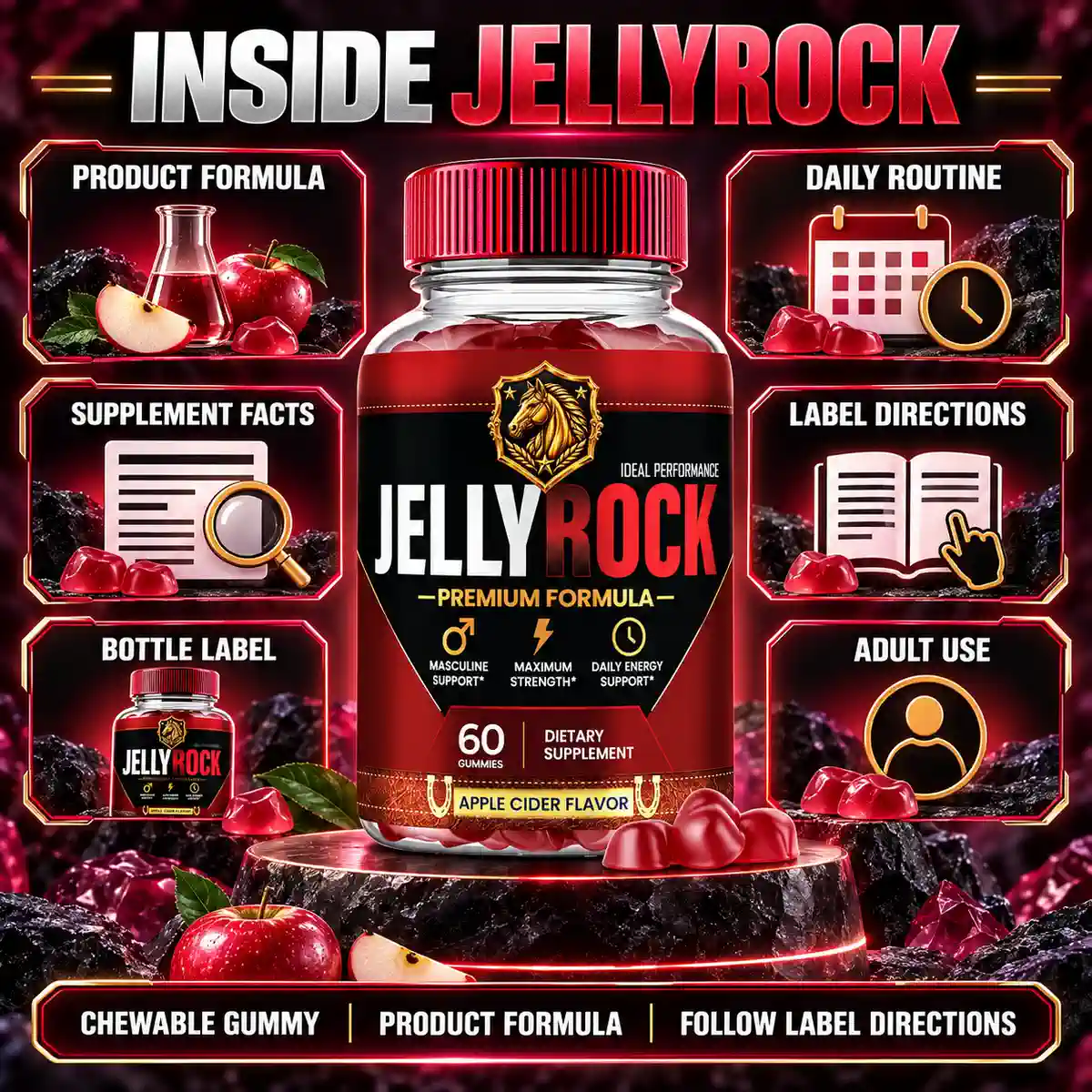 Inside JellyRock listing image: product formula, supplement facts, daily routine